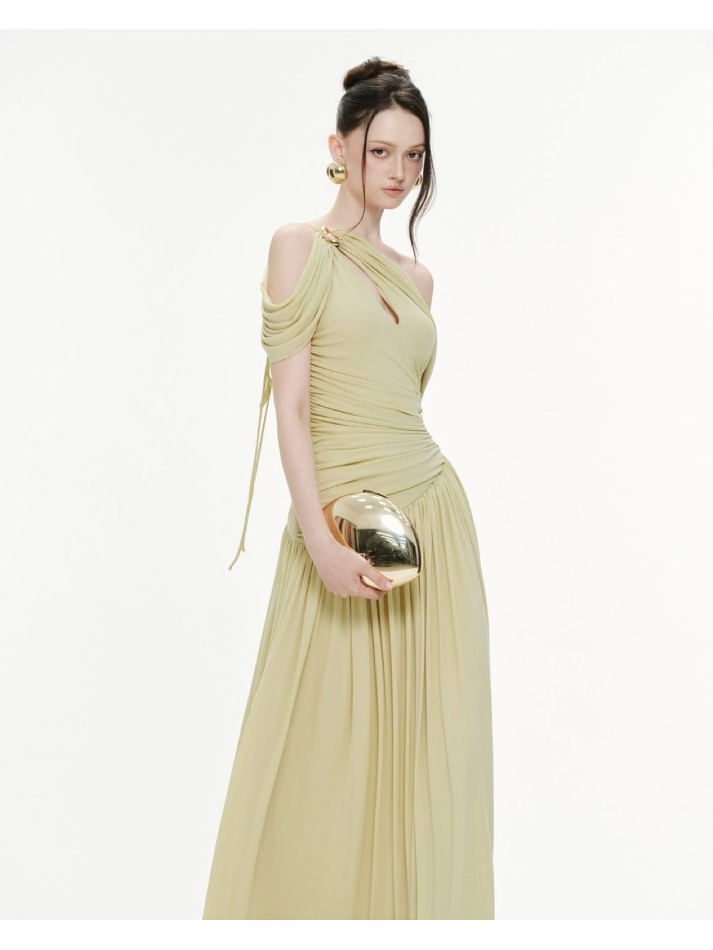 Mollynista Yellow Draped Off-Shoulder Stretch Mesh Dress