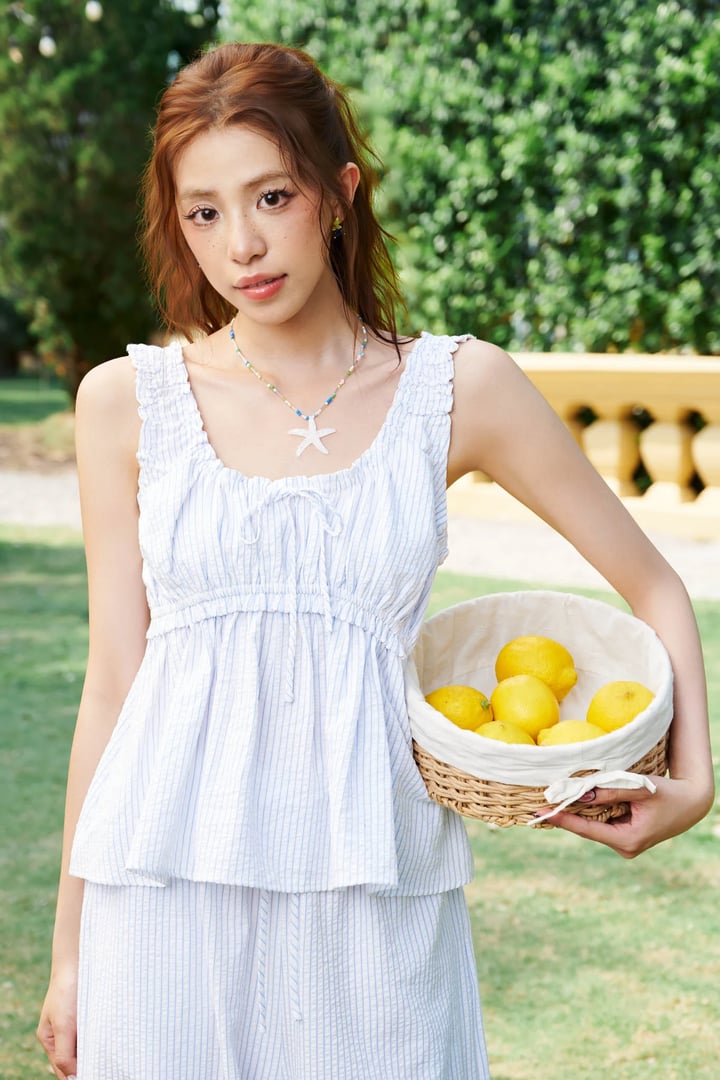 DOTTIE Bow Detail Ruched Top - White Blue Stripe - T1096