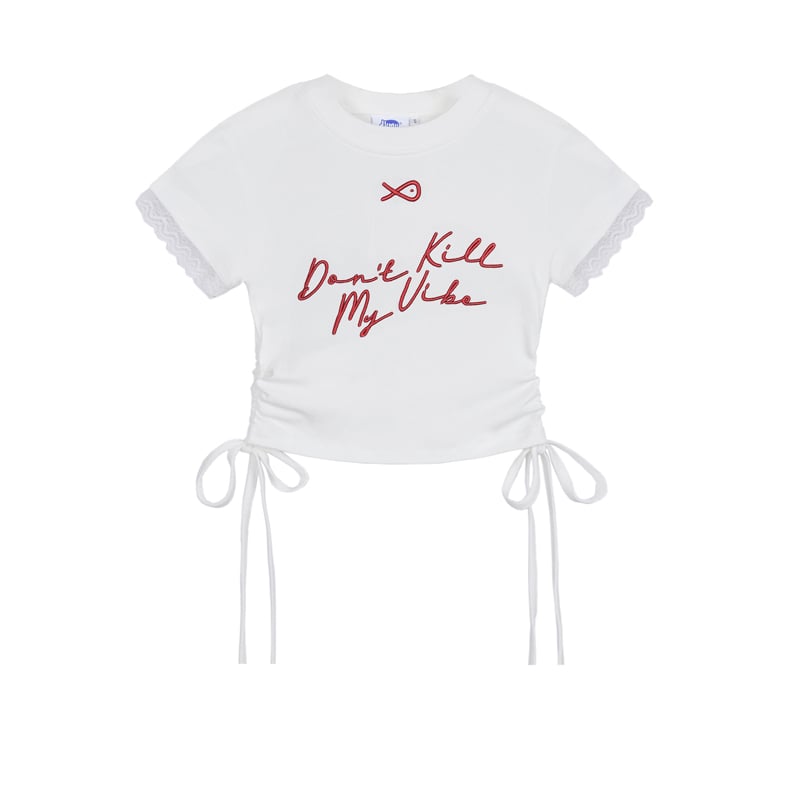 DKMV Mabel Baby Tee White Embroidered Graphic Crop Top