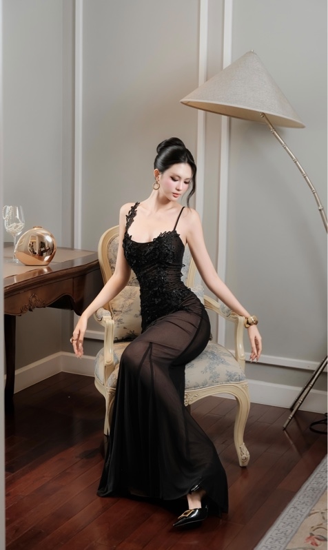 THAOBIBI Beaded Mesh Lace Appliqué Maxi Dress