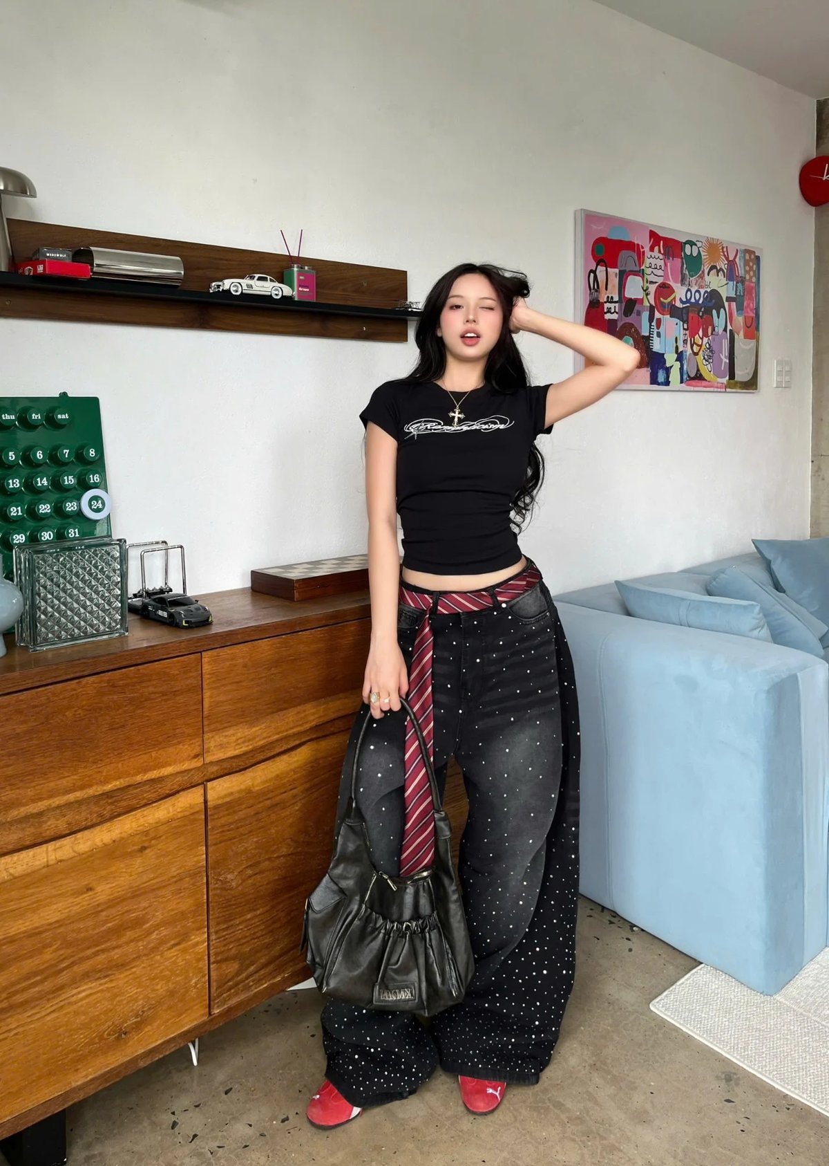 KILL SYSTEM YIYI Double-Sided Rhinestone Wide Leg Jeans