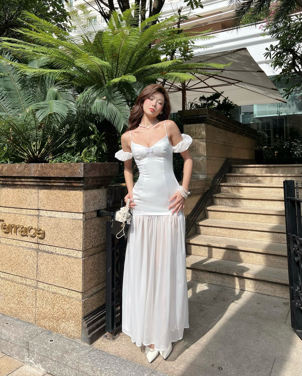 Emilie Marnie Satin Bow Off-Shoulder Maxi Dress