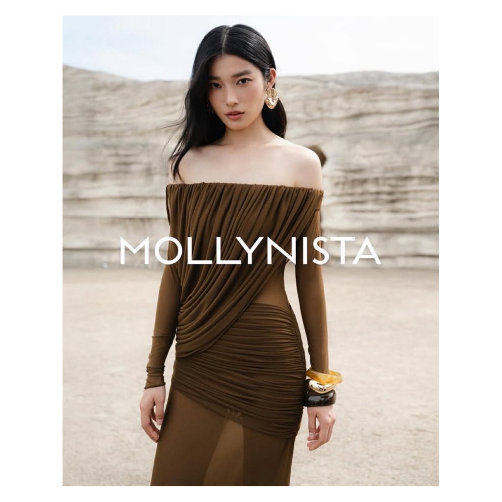 Mollynista Brown Off-Shoulder Draped Mesh Dress