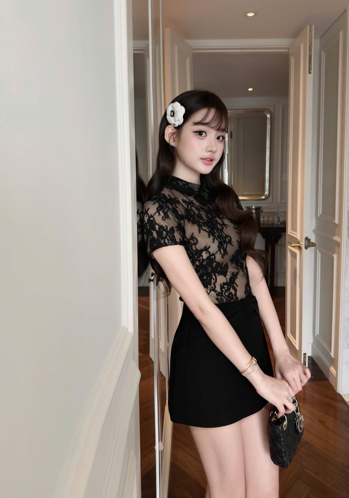 CHOU CHOU 黑色蕾絲短袖上衣與短裙套裝