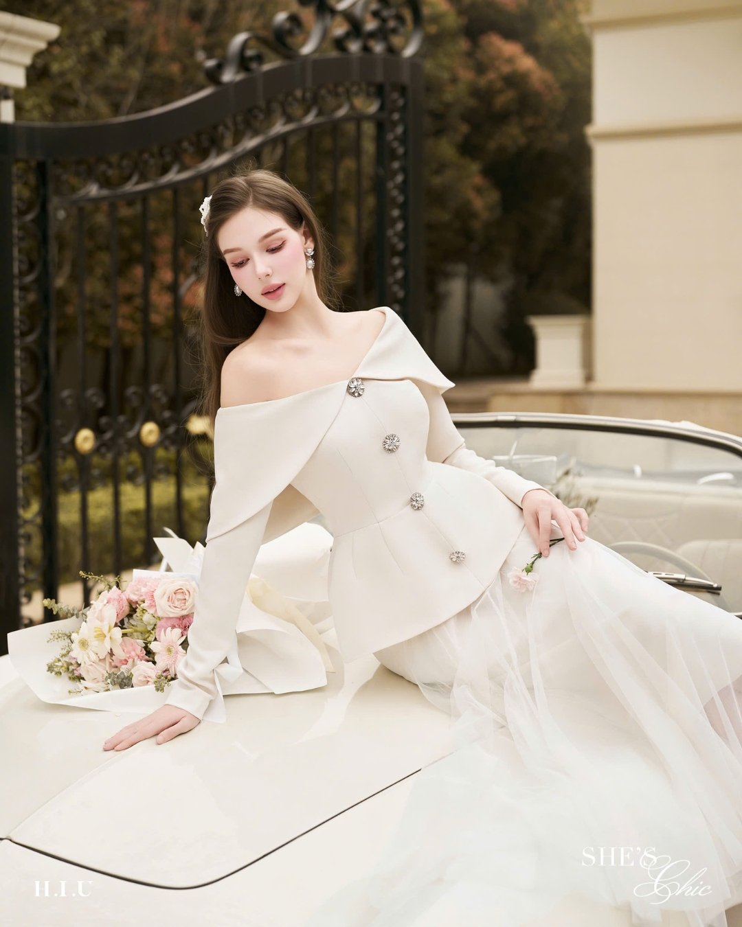 HIU Chloe' Peplum Off-Shoulder Top with Crystal Button Details