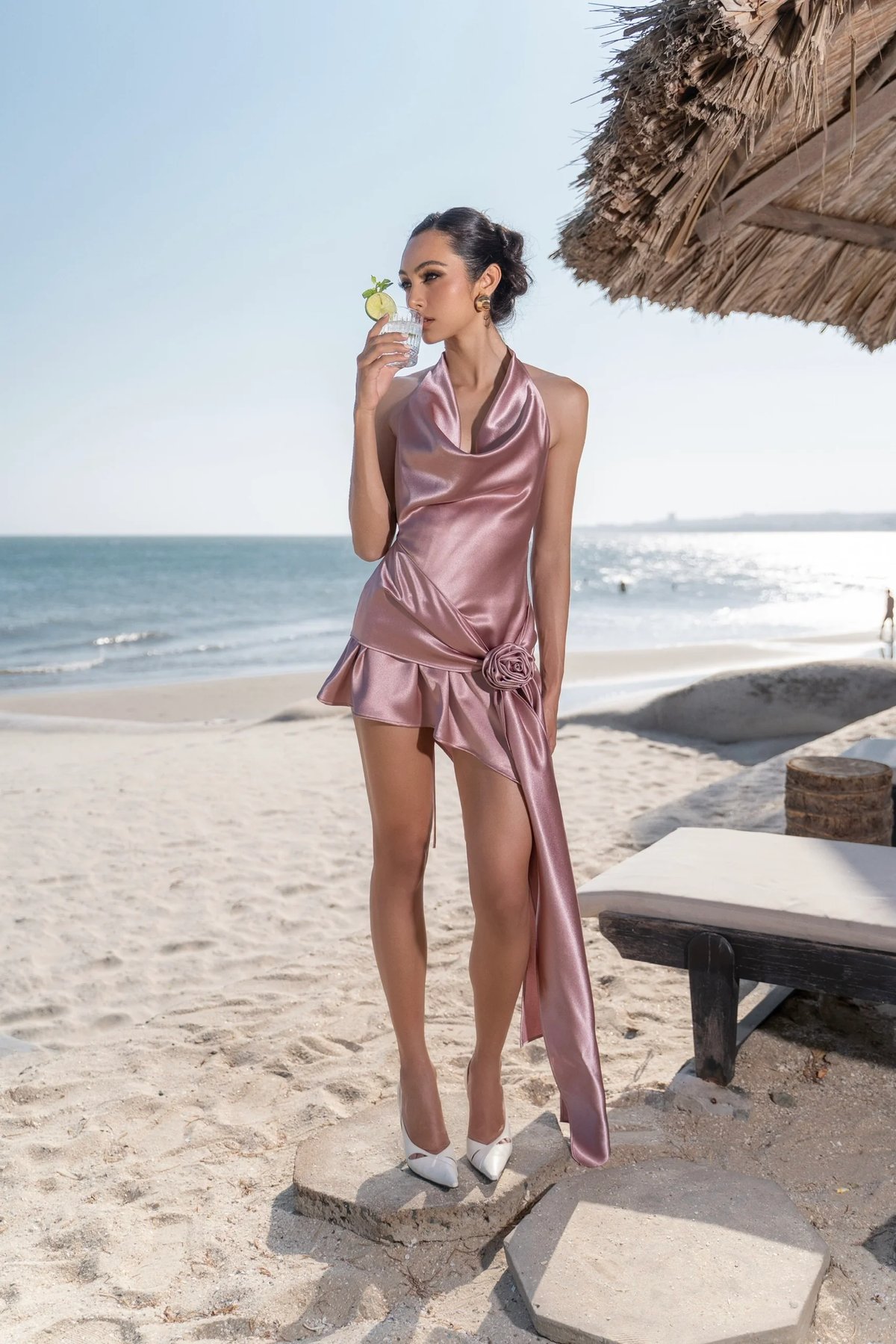 KISSERINE KATIE MINI DRESS Satin Sweetheart Neckline Rose Detail Dress