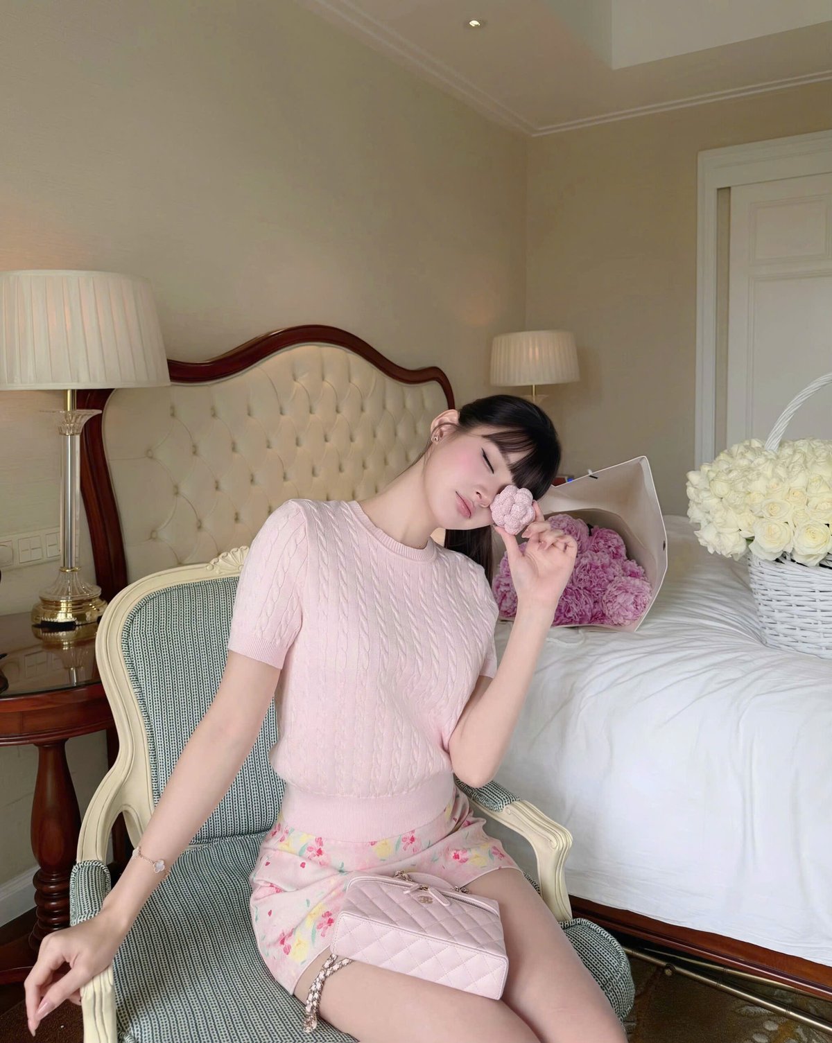 CHOU CHOU Pink Floral Knit Top and Skirt Set