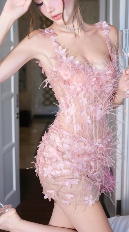 THAOBIBI Feather and Floral Embellished Spaghetti Strap Mini Dress