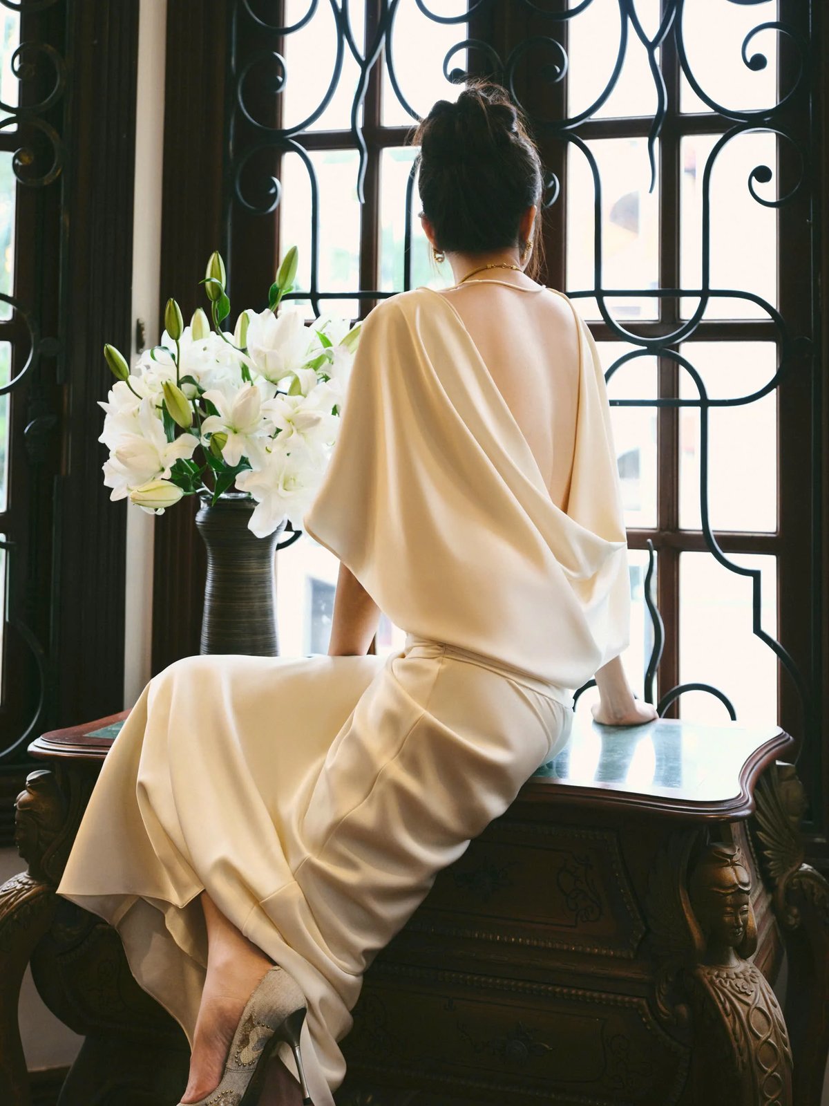 KISSERINE ALMA Satin Pleated Draped Back Dress