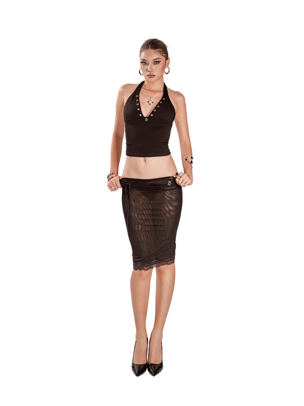 SISTERS Belinda Halter Neck Bow Tie Back Cropped Top - Black