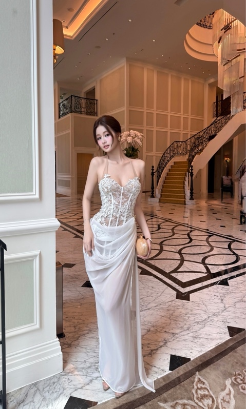 THAOBIBI Lace Corset Dress with Chiffon Overlay