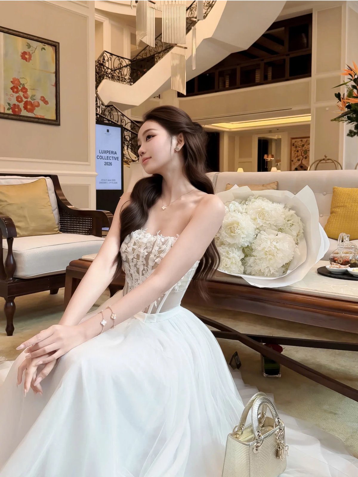 Tran Ali 3D Floral Appliqué Bustier Maxi Dress