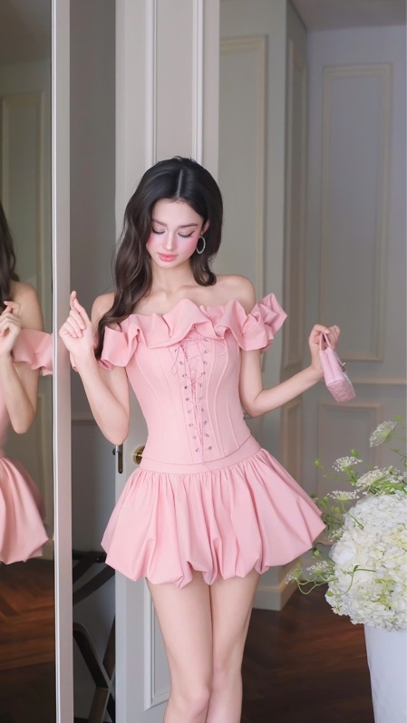 THAOBIBI Off-shoulder Lace-up Top and Ruffle Skirt Set