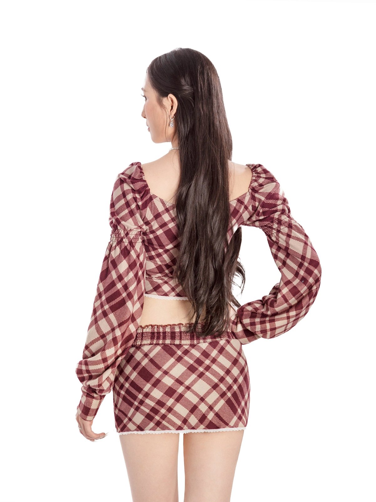 DKMV Rhodes Set Red Plaid Long Sleeve Puff Top and Mini Skirt with Lace Trim