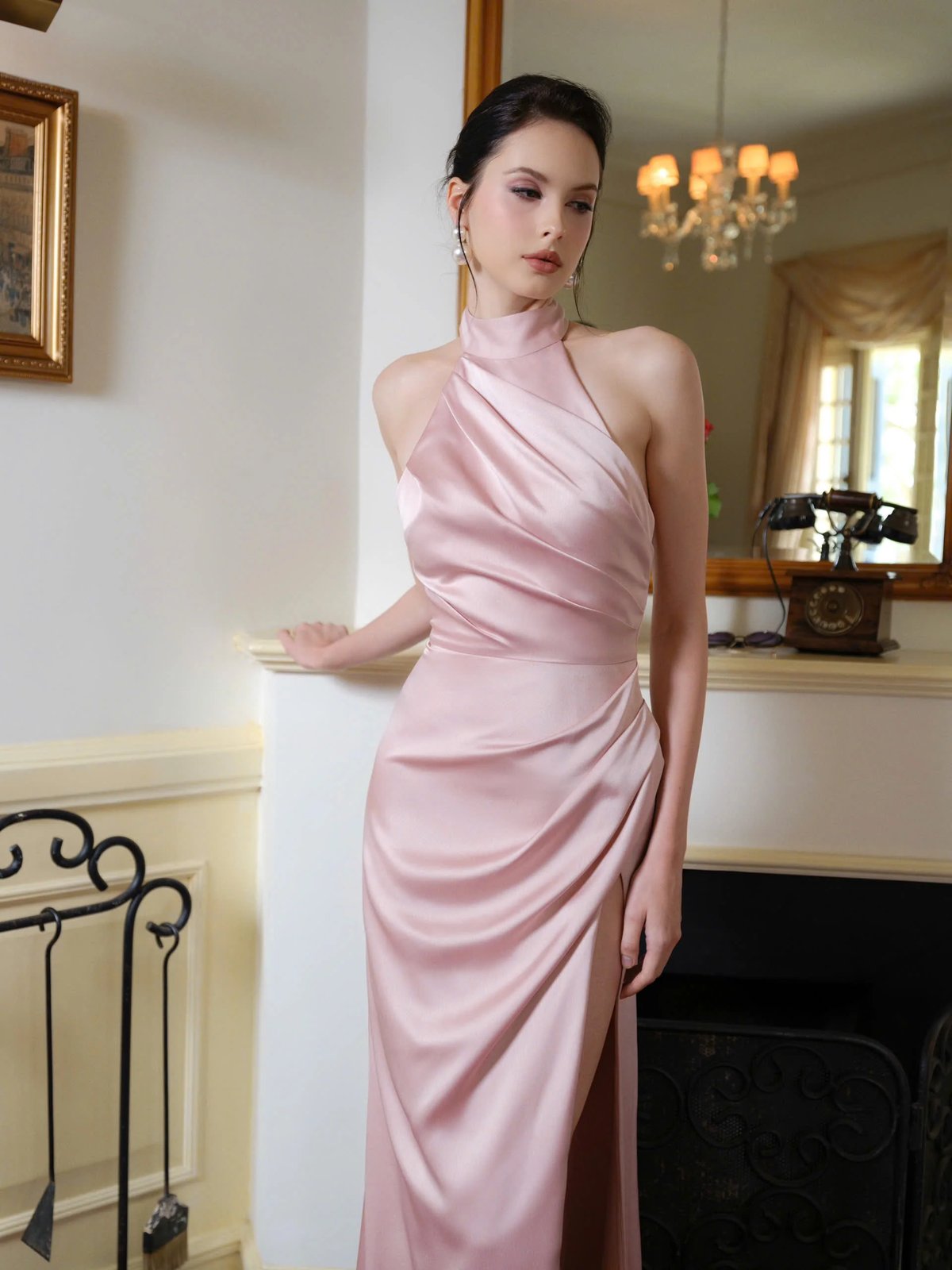 KISSERINE Rivera 緞面掛脖高衩長洋裝