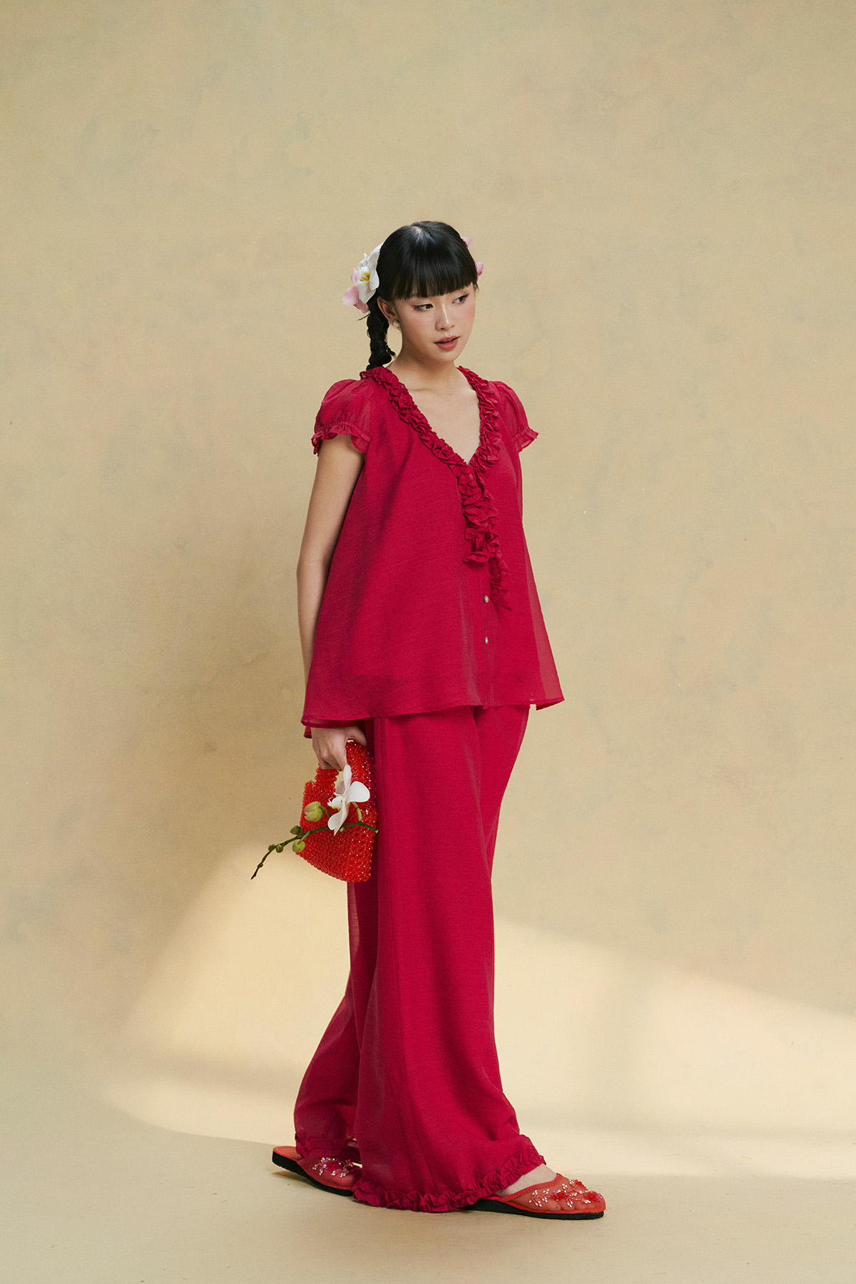 DOTTIE Ruffle Trim Wide Leg Pants Q0416