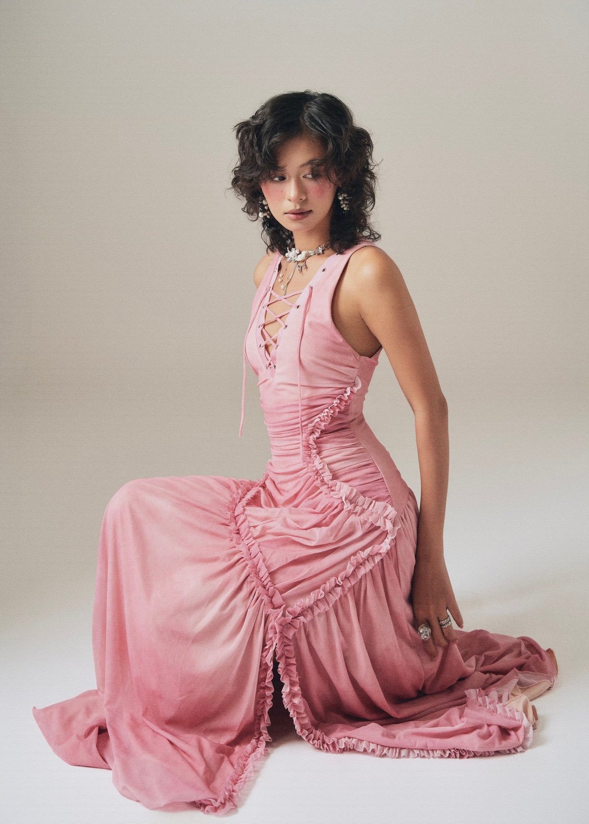 INTO.EIGHT Blush Dress Lace-up Ruched Maxi Dress
