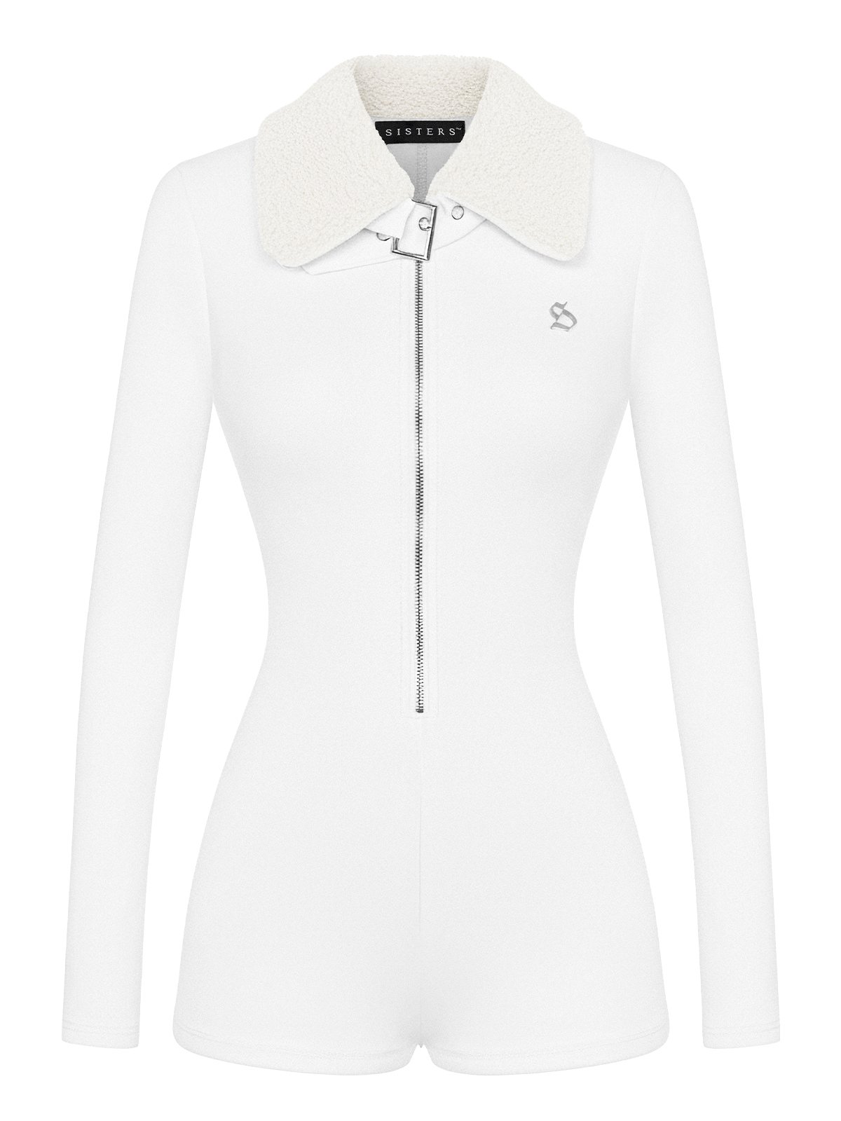 SISTERS Francesca Long Sleeve Romper with Faux Shearling Collar - White