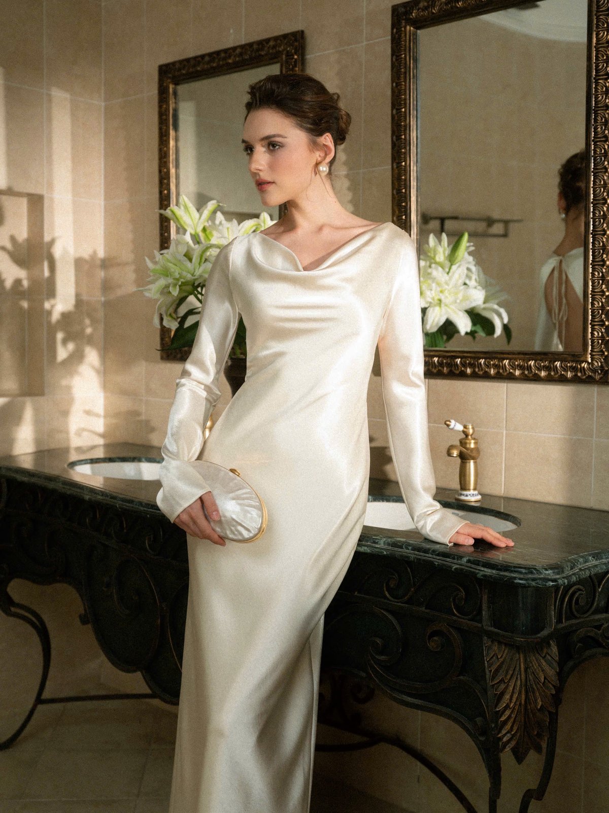 KISSERINE SOLIRA Satin Cowl Neck Long Sleeve Maxi Dress 緞面垂墜領長袖禮服裙