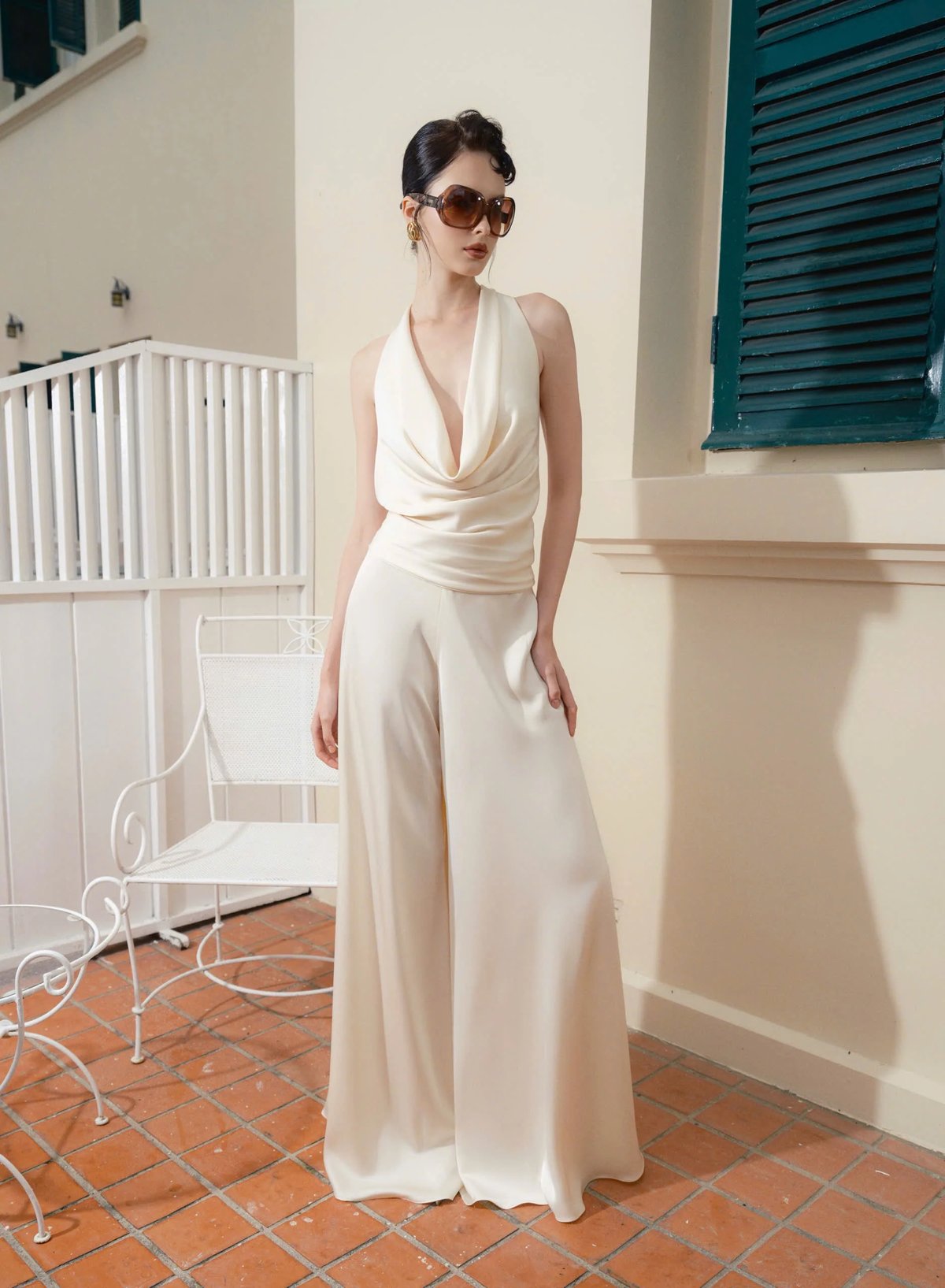 KISSERINE ISLA Satin Cowl Neck Halter Top