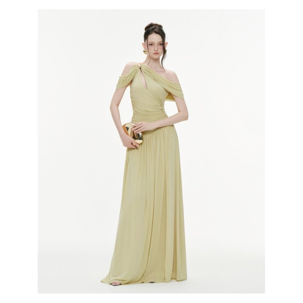 Mollynista Yellow Draped Off-Shoulder Stretch Mesh Dress