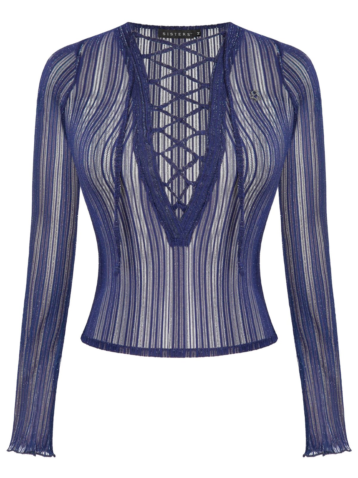 SISTERS Metallic Blue Sheer Lace-up Long Sleeve Top