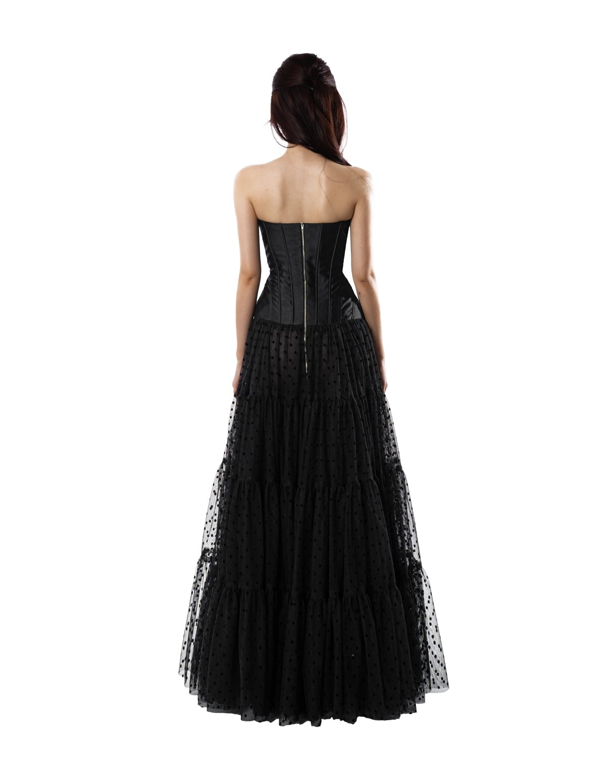 HUELLEYROSE Larra Satin Corset Dress with Dotted Tulle Skirt