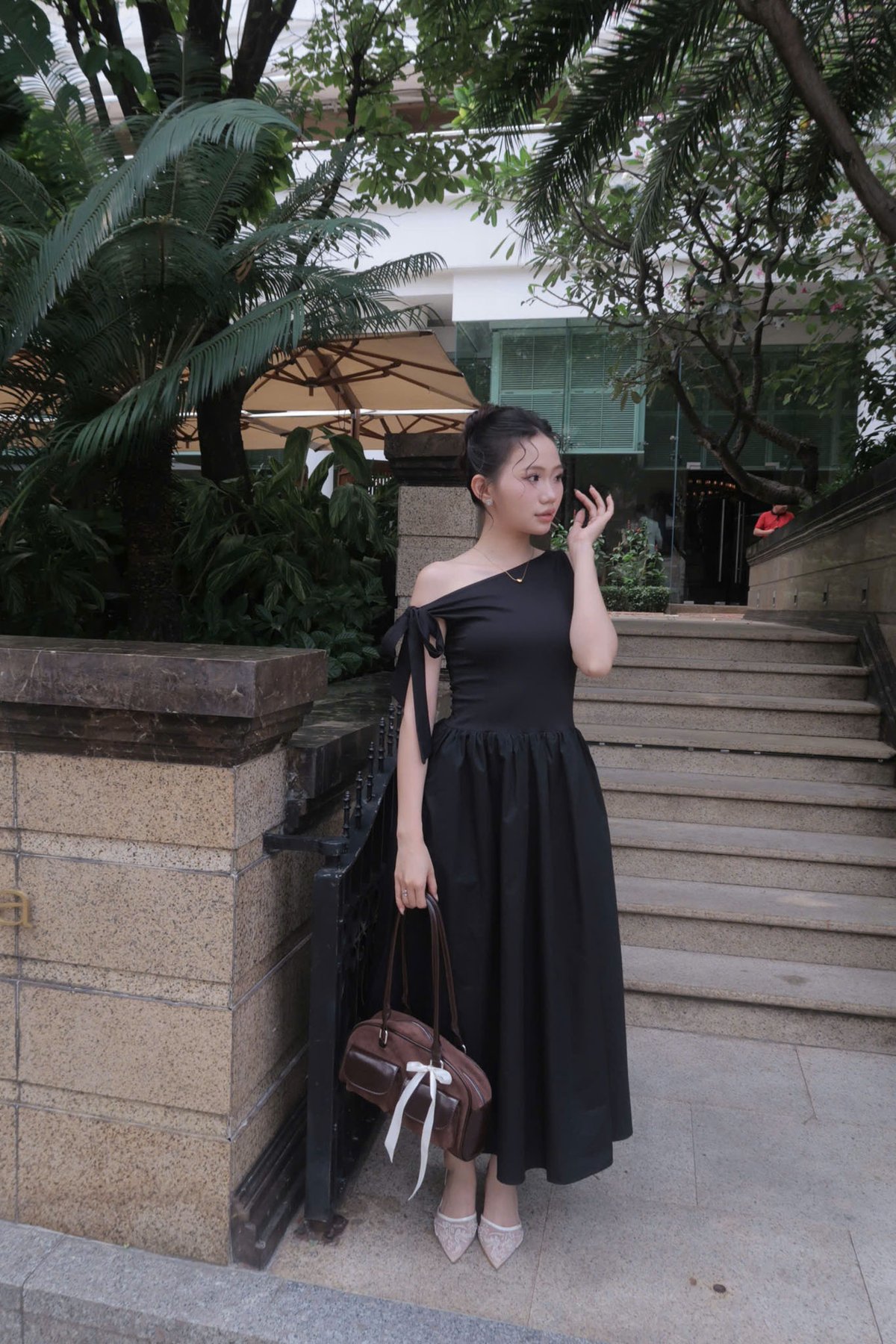 DOTTIE One-Shoulder Poplin Mix Midi Dress