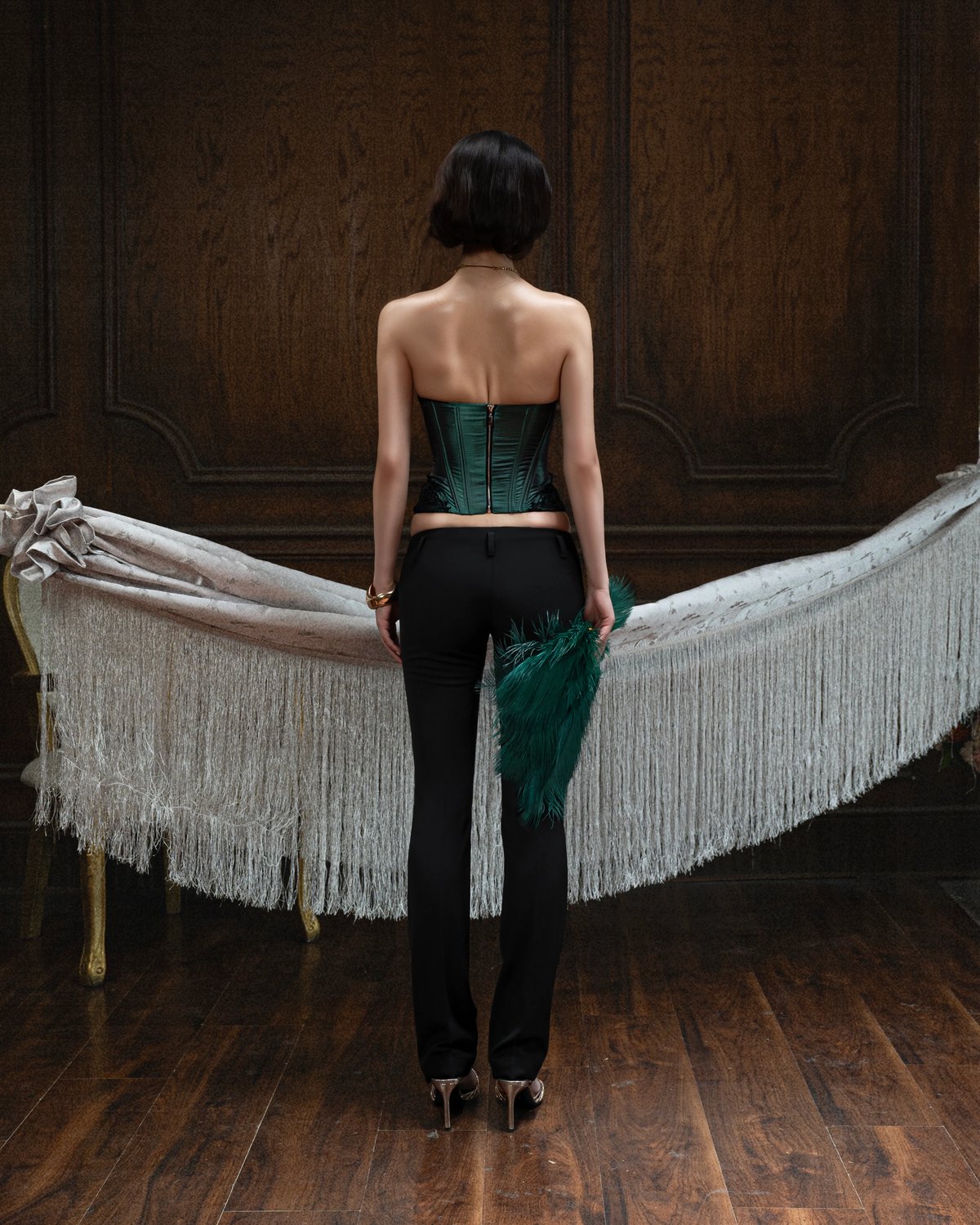 HUELLEYROSE Reb Corset Silk with Embroidered Lace - Teal