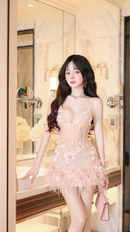 THAOBIBI Feather Trim Spaghetti Strap Mini Dress
