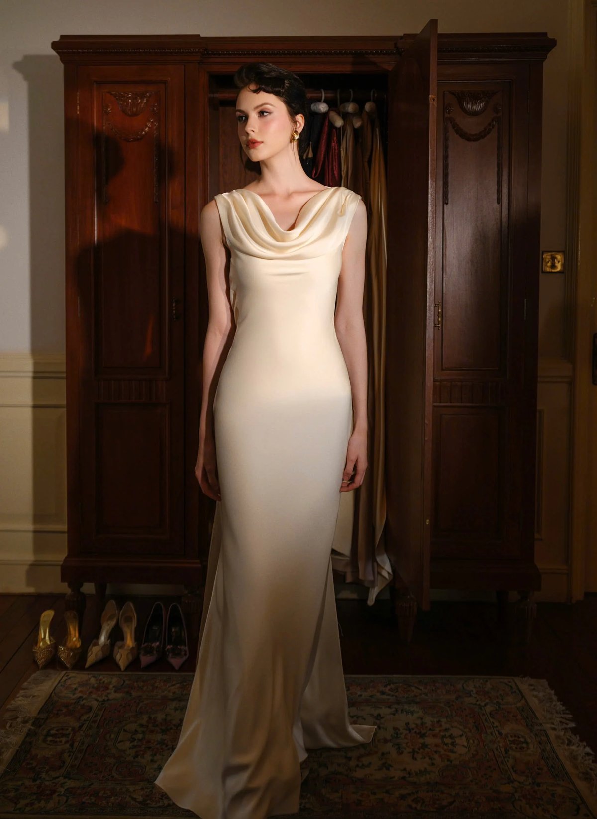 KISSERINE MONET DRESS Satin Cowl Neck Elegant Evening Dress