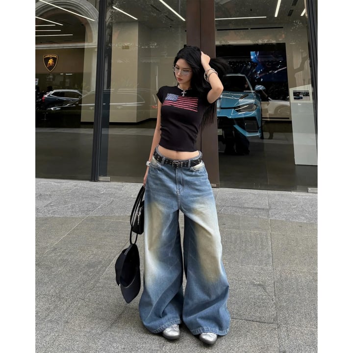 KILLSYSTEM 美國國旗刺繡寬版牛仔褲
