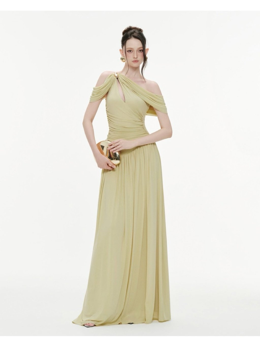 Mollynista Yellow Draped Off-Shoulder Stretch Mesh Dress