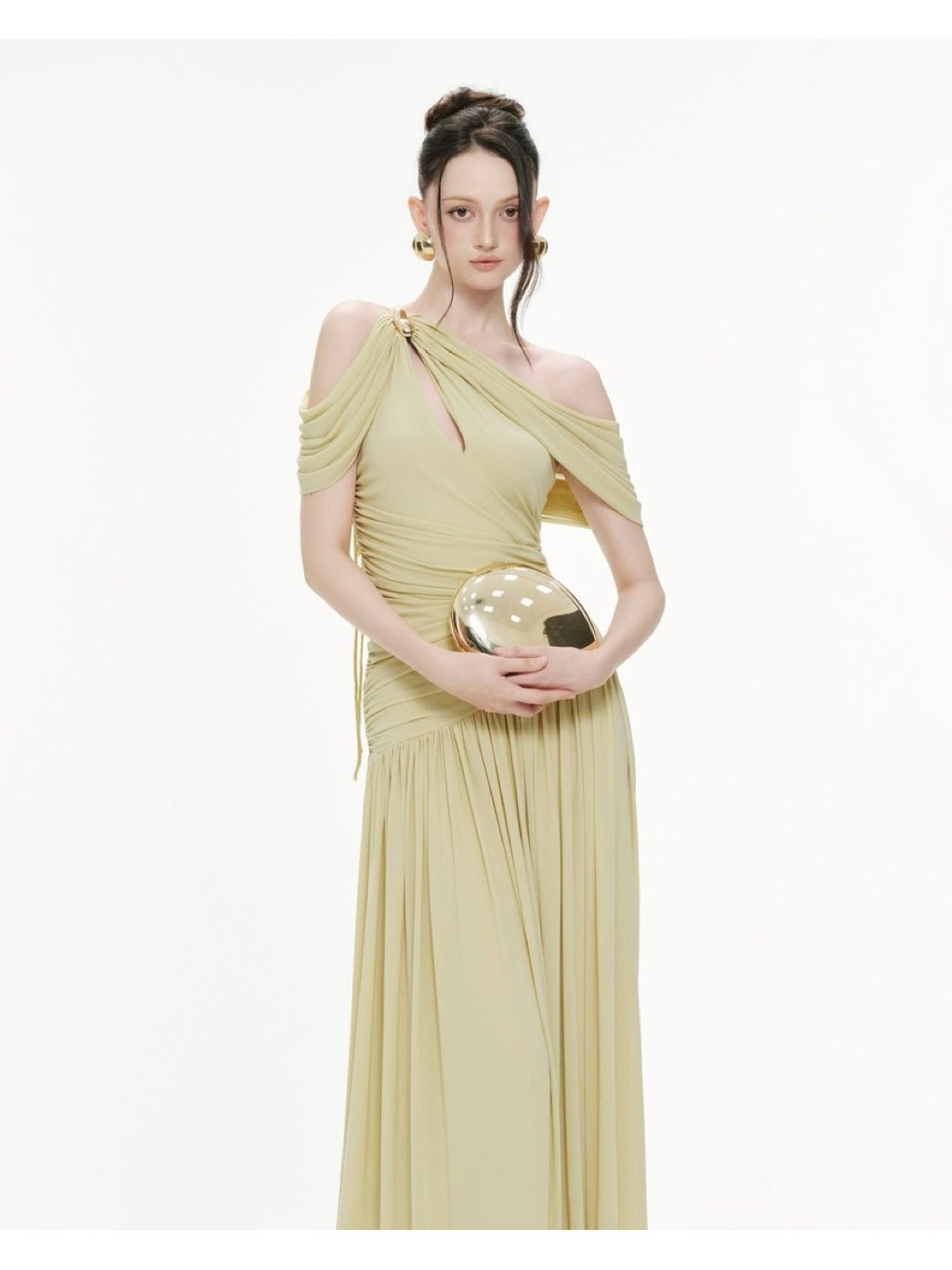 Mollynista Yellow Draped Off-Shoulder Stretch Mesh Dress