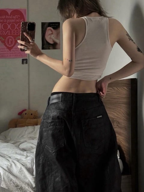 Hades Faux Leather Coated Wide Leg Jeans