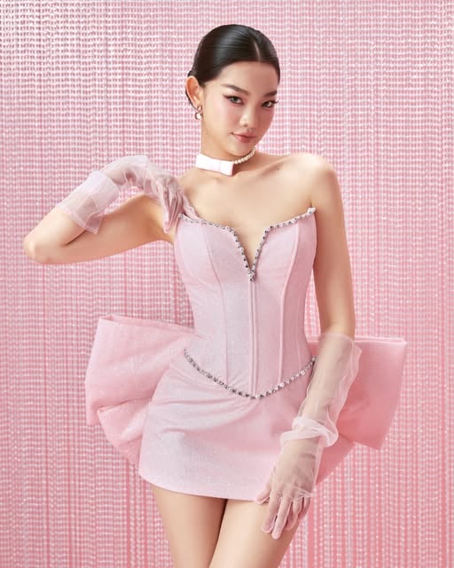LANE CÌ Julie 甜美粉色抹胸大蝴蝶結迷你裙