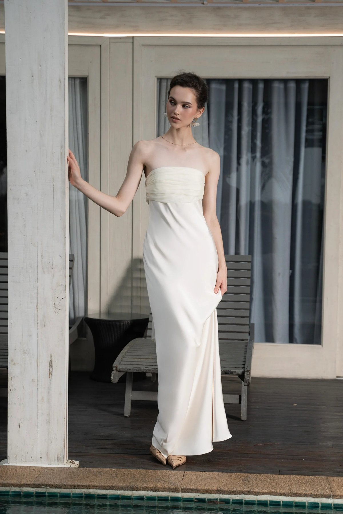 KISSERINE RACHEL Strapless Silk Satin Dress with Ruffles