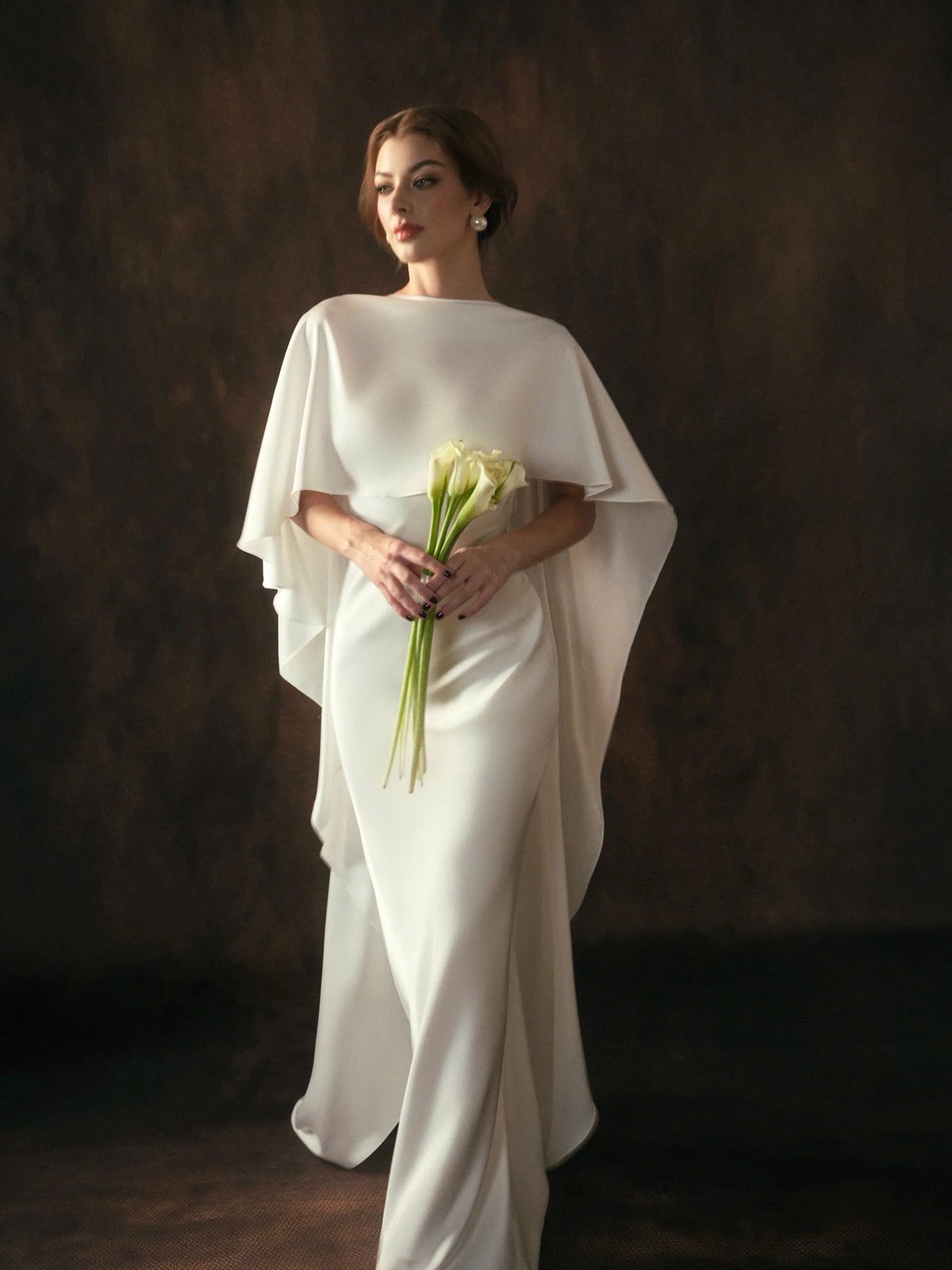 KISSERINE GIULIA DRESS White Satin Gown with Cape