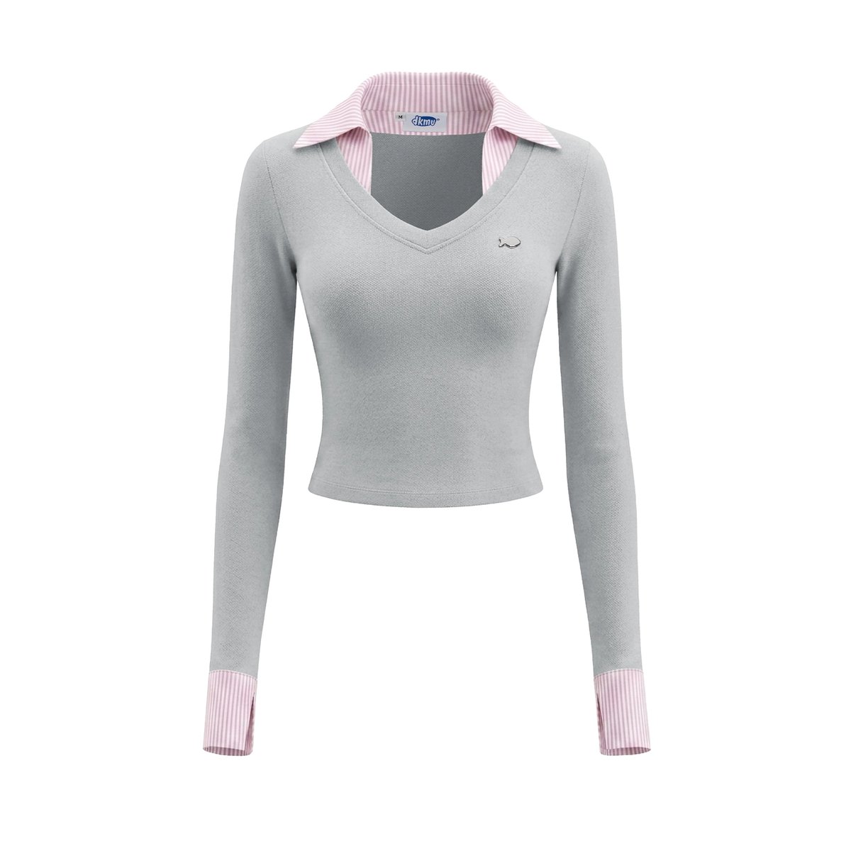DKMV Mina Top Grey Pink Striped Collar Long Sleeve Top