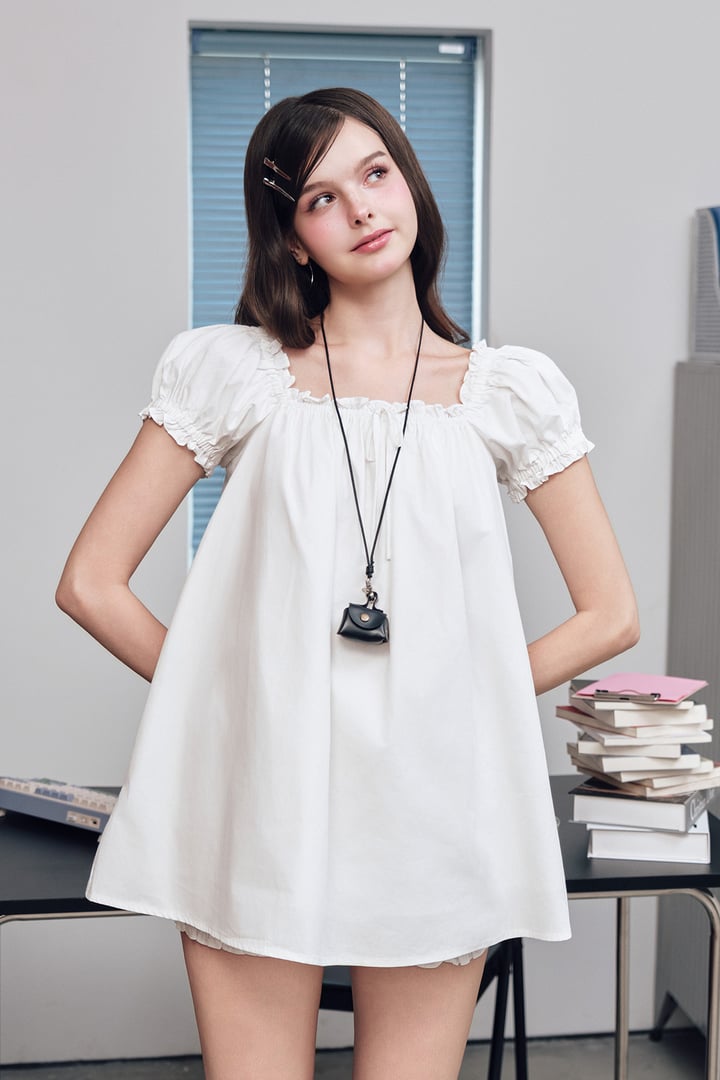 DOTTIE Puff Sleeve Bow Detail Dress - White - D0744