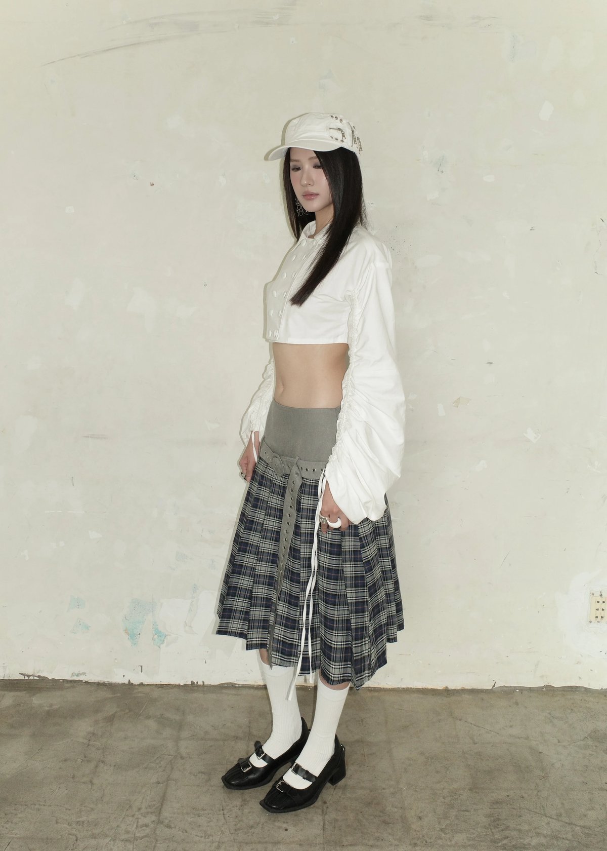 MIRI 褶皺格紋腰帶中長裙