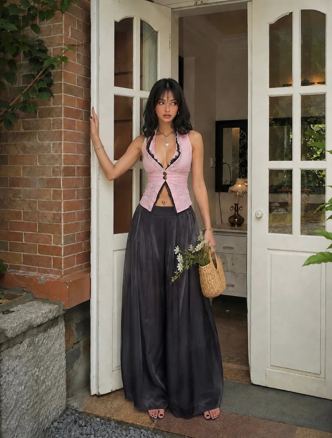 Sugar Crush Ribbon High-Waisted Wide-Leg Pants