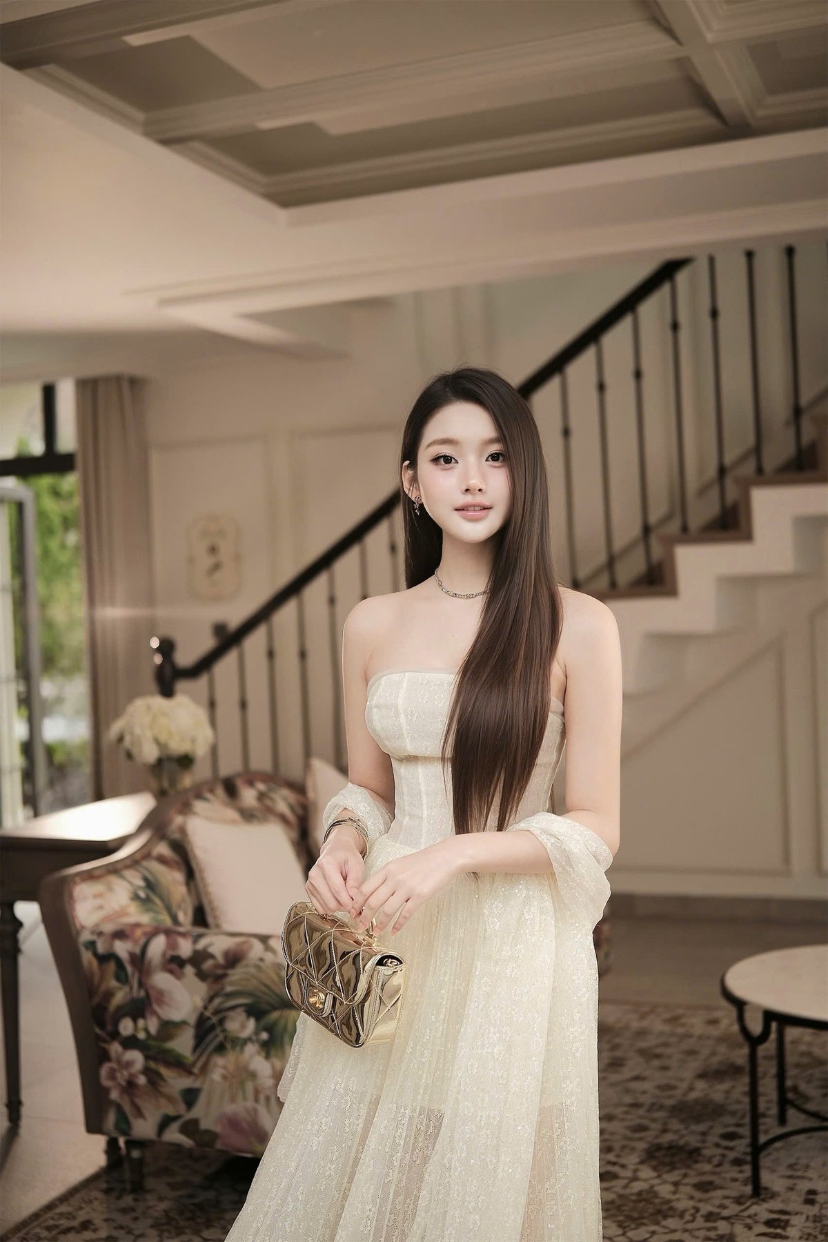 CHOU CHOU 蕾絲方領抹胸長裙