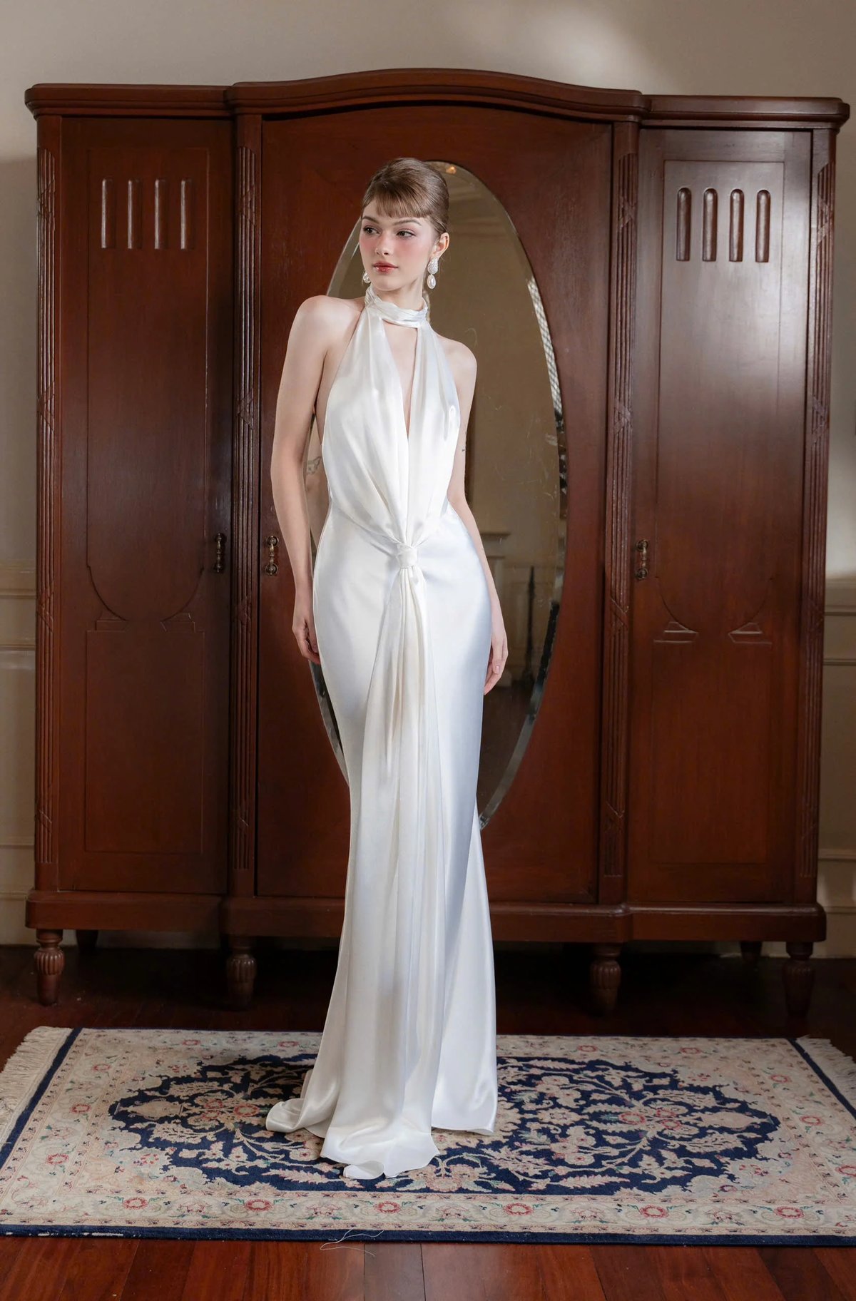 KISSERINE ANORA Silk Satin Halter Neck Backless Maxi Dress