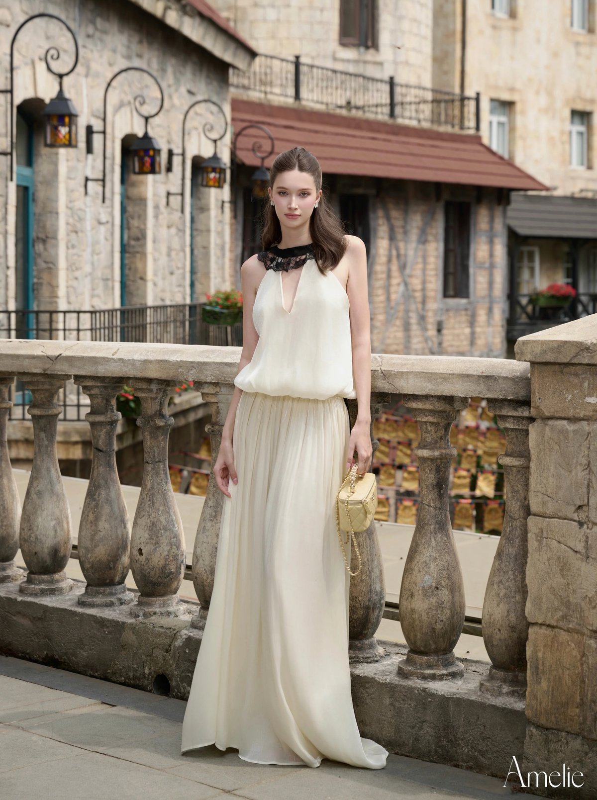 AMELIE Danica 米色蕾絲拼接長裙