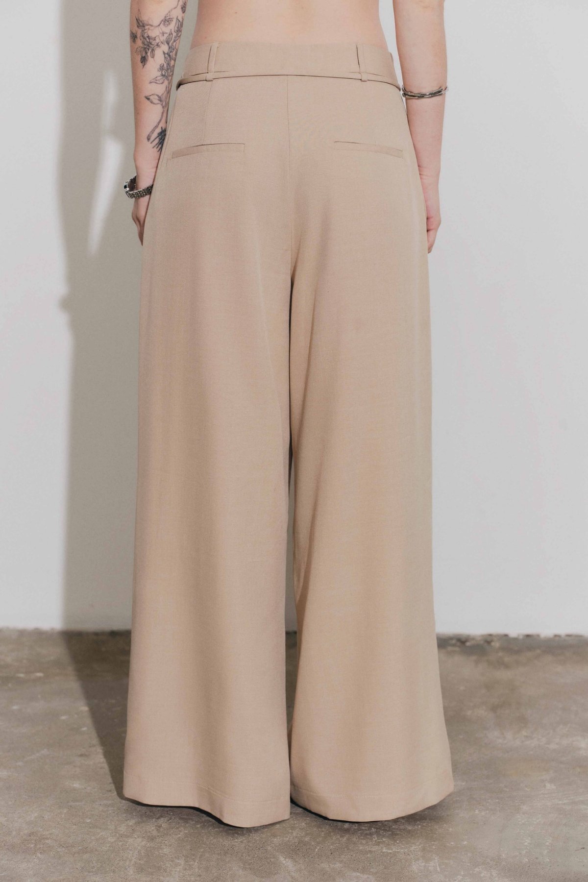 DOTTIE Pleated Wide Leg Trousers - Dark Beige