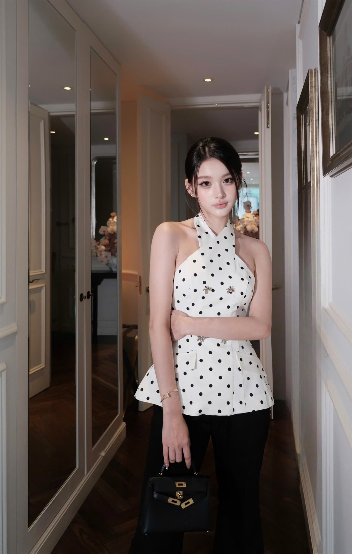 CHOU CHOU Polka Dot Halter Top and Long Pants Set