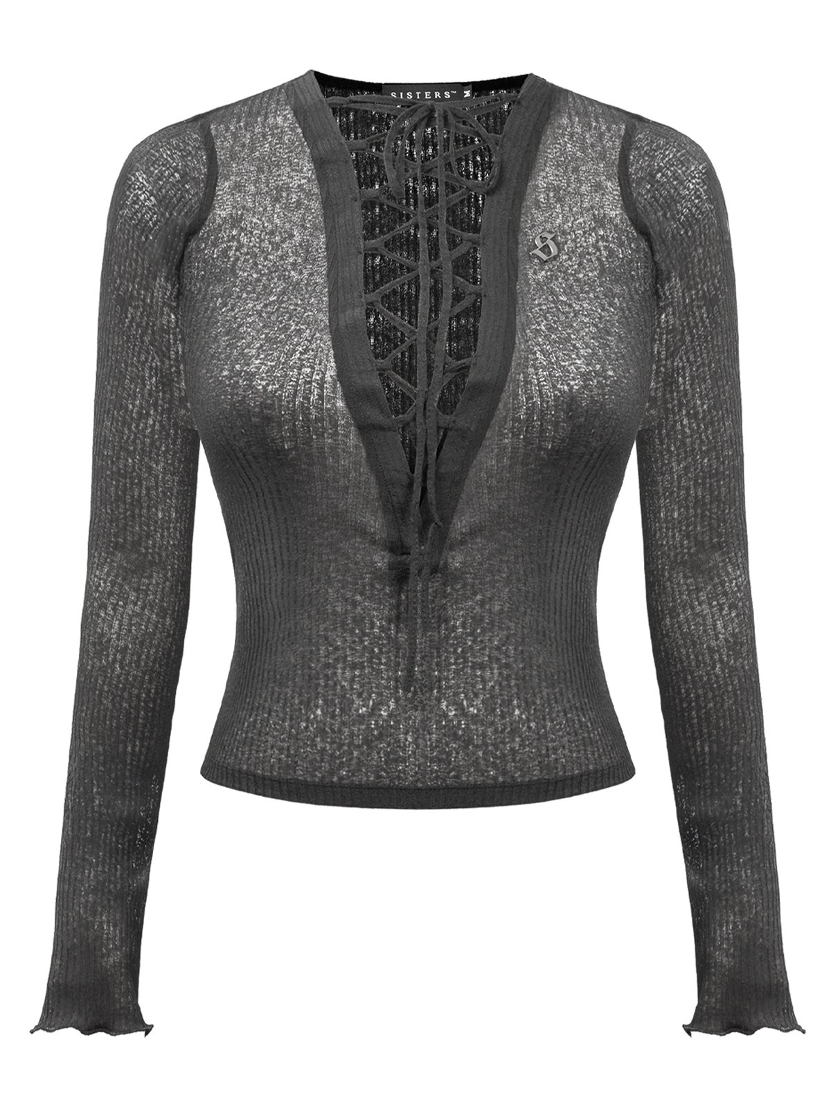 SISTERS Sheer Lace-up Ribbed Long Sleeve Top
