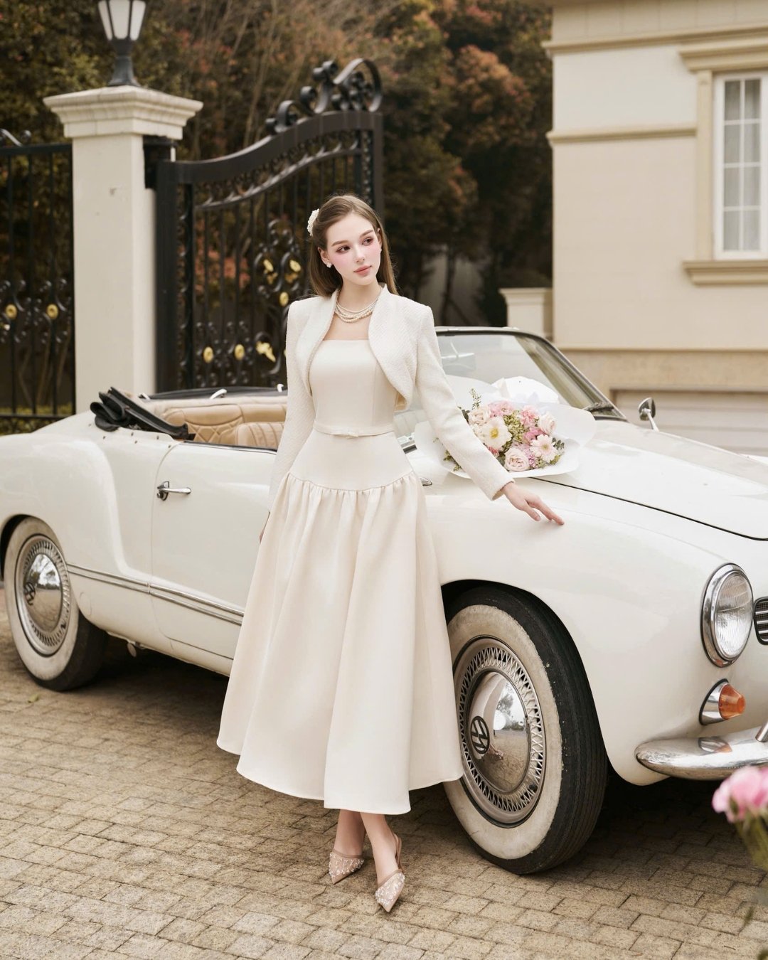 Charlie Dress 高級韓系兩層塔夫綢絲綢吊帶裙 - 米色