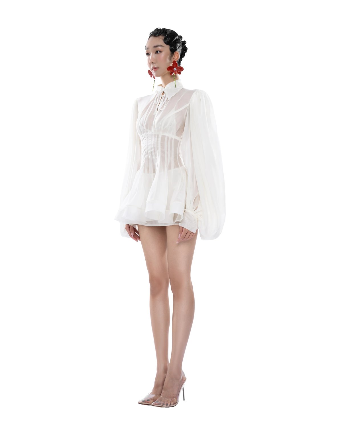 HUELLEYROSE Charlotte Chiffon Bow Detail Mini Dress - Cream